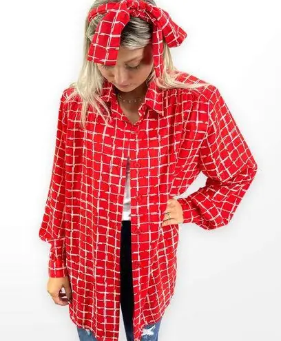 90s STUDIO COLLECTION Vintage Red White Check Button Up Shirt Scarf Set Size 14