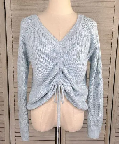 JOLIE & JOY Cropped V Neck Sweater with Drawstring Adjustable Hem Light Blue