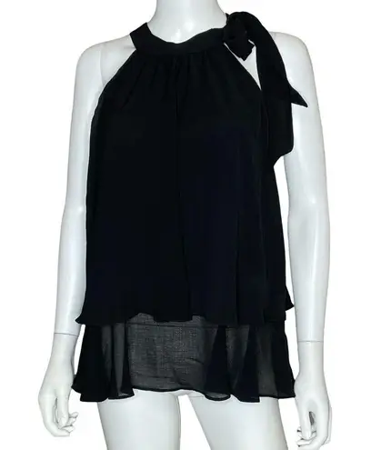 CeCe Shoulder Bow Tiered Ruffle Crinkle Chiffon Blouse Black Women’s Sz L