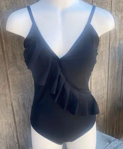 Tempt Me New Woman’s Small Black One Piece Swimsuit with Ruffle Detail and V-Neckline