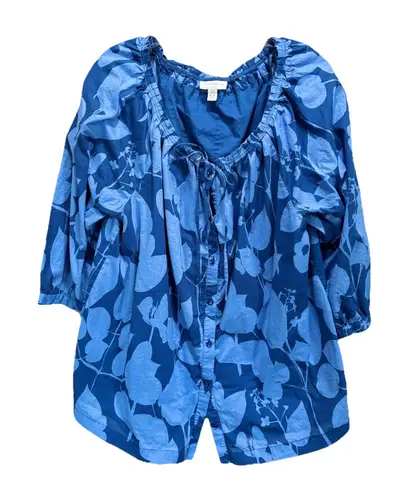 Charter Club Blue Floral 3/4 Sleeve Button Up Blouse Size 18W Scoop/Tie Neck