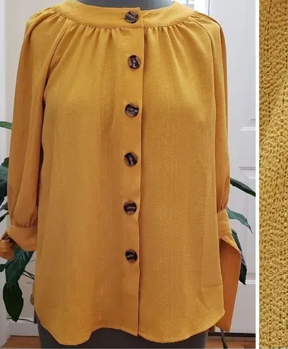 Dress Barn  Mustard Gold Metallic Thread Button Blouse Size XS See Description