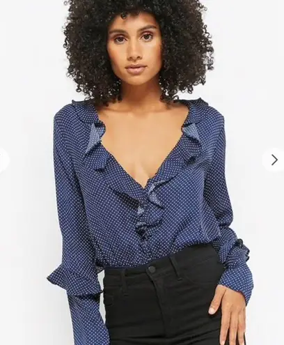 NUDE Polka Dot Ruffle Long Sleeve Thong Bodysuit