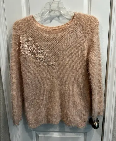 Women's Unbranded Light Pink Fuzzy Knit Sweater with Pearl Embellishment PTP 20 Size M