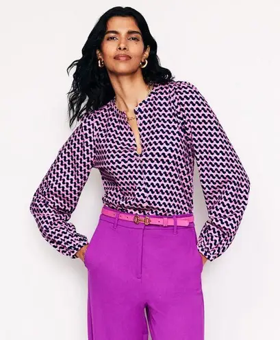 BODEN Marina Jersey Button Up Terrace Swirl Bold Print Blouson Cotton Shirt Top Pink Size 14