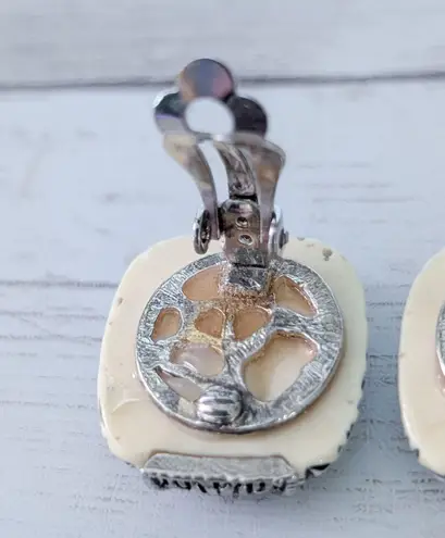 Vintage Clip On Earrings 1" Stylish Cream with Black & Silver Tone Design