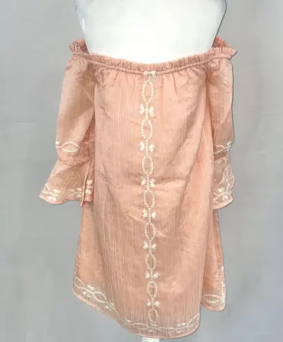 Foxiedox New  Embroidered 3/4 Sleeve Off The Shoulder Dress Blush Pink