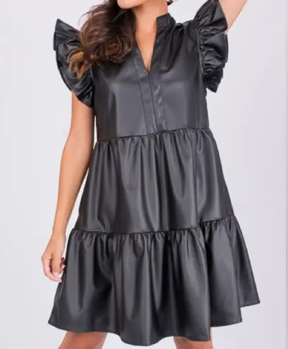 SSYS The Label Leather Flutter Tier Dress Black Leather Medium
