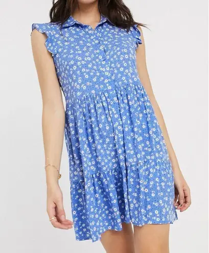 Stradivarius sleeveless shirt dress in blue floral print Sz Small Boho Ruffles