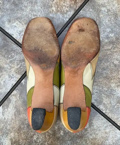 Vintage Mid Century Disco Square Toe Colorblock Leather Pumps Heel 9.5 MCM Retro Orange