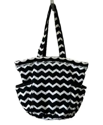 Thirty One Chevron Retro Metro Side Pockets Open Canvas Tote Shoulder Bag Black