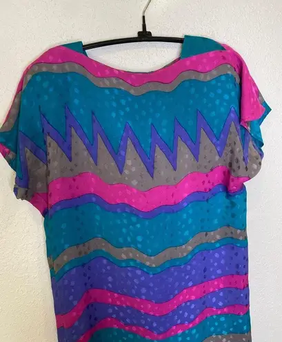 Vintage Flora Kung Silk 1980s Abstract Colorblock Granny Shift Dress Sz 6 Petite Blue