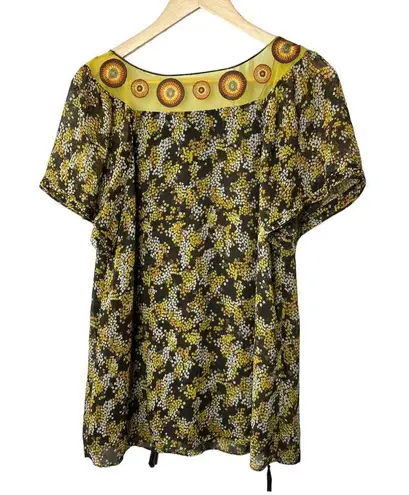 ECI  Brown & Yellow Lined Tunic Top with Tassel Strings Women's Sz 10