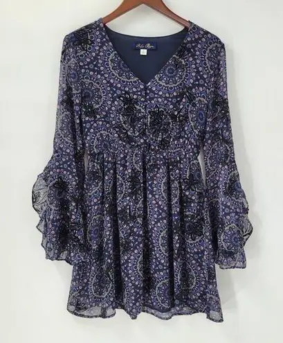 Blue Rain  Womens Dress Small Blue Floral Velvet Detail V-neck Ruffle Bell Sleeve