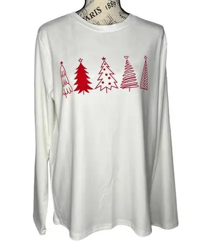LARGE White Red Print Holiday Christmas Tree Long Sleeve Pullover Tee T