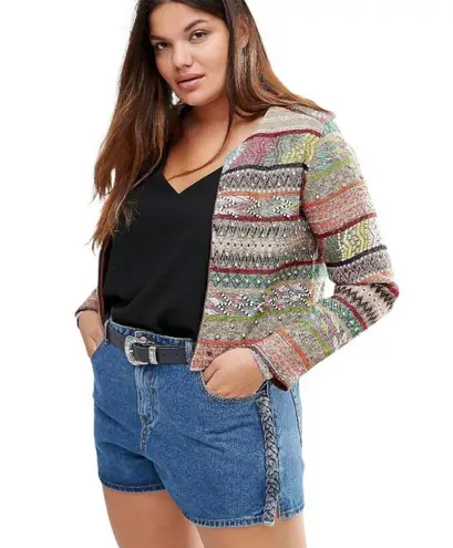 Glamorous Multi Geo-Tribal Stripe Trophy Embelished Open Front Cropped Jacket