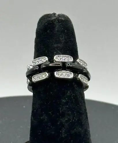 Stylish Women's Black Onyx Silver Ring with CZ Accents, Size 7