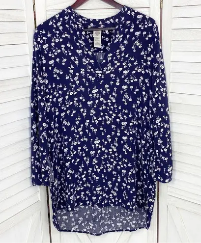 In Bloom Floral Bell Sleeve Tunic Shirt Dress Blue White Small