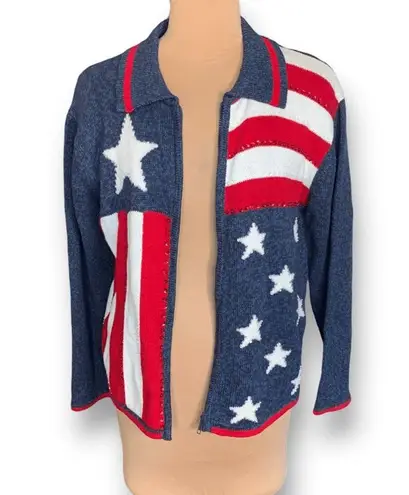Vintage Y2K Patriotic Zip Cardigan Sweater Large Blue Red Stars Stripes USA Flag