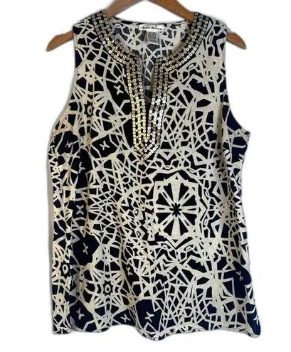 Susan Bristol Bold Black Tan Abstract Geo Print Linen Blend Tank Blouse Size LRG