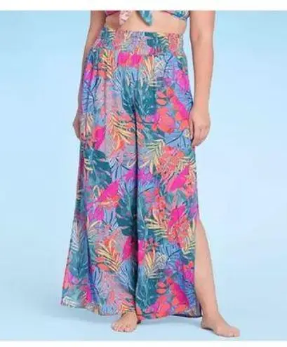 Kona Sol Leaf Print Multicolor Smocked Waist Side Slit Flowy Beach Pants Boho M