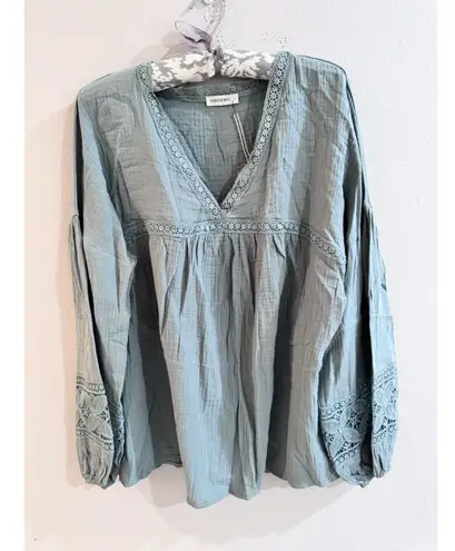 Andthewhy Revolve Lace Detailed Gauzey V Neck Blouse Top Large Sage Green NWT