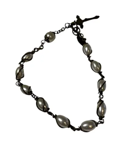 Religious Cross Charm Bracelet Pearl Beads Antique Brass Tone Link Chain Silver