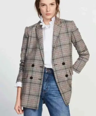 Sandro Paris Lauryn Plaid Wool Blazer Women Size 36 Double Breasted Designer Lux