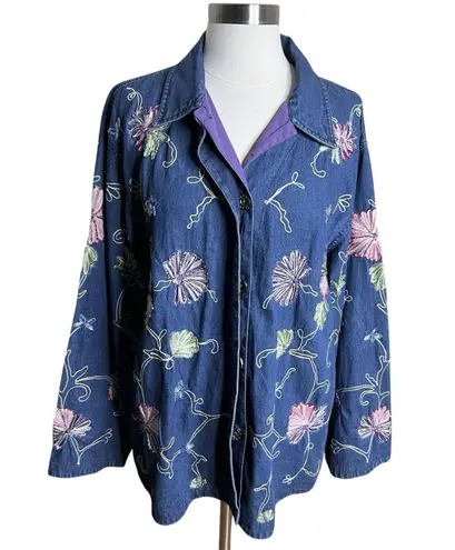 Vintage Denim Shirt Jacket Womens Medium Floral Beaded Embroidery Blue