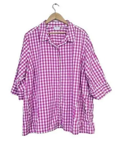 Joan Rivers  Pink Gingham Plaid Boyfriend 3/4 Sleeve Button Down Shirts Size 3X