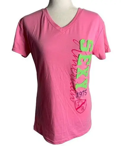 True Rock Embroidered Short Sleeve T Shirt M Pink V Neck Applique Letters