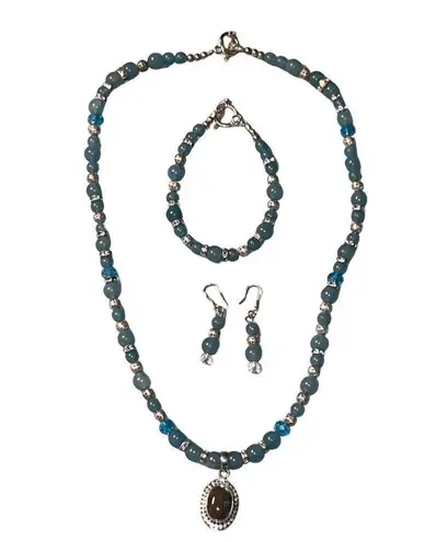 Quality Labradorite Stone Necklace Bracelet Earrings Sterling Jewelry Set Blue