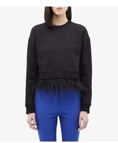 Derek Lam 10 Crosby Black Crewneck Ostrich Feather Hem Pullover Sweater Size S