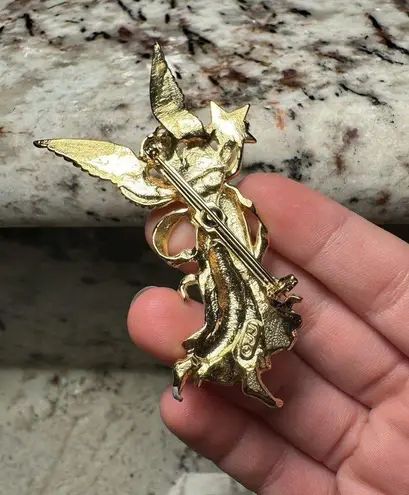 Signed JJ Angel Pin Brooch Brushed Gold Tone Aurora Borealis Rhinestone Star