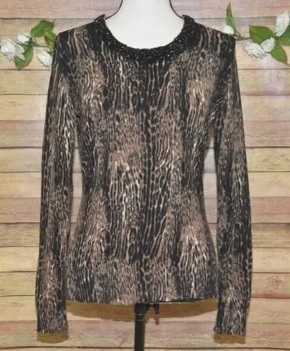 Carmen Marc Valvo Carmen Mark Valvo Cheetah Animal Print Thin Knit Sweater Beaded Neckline Size S