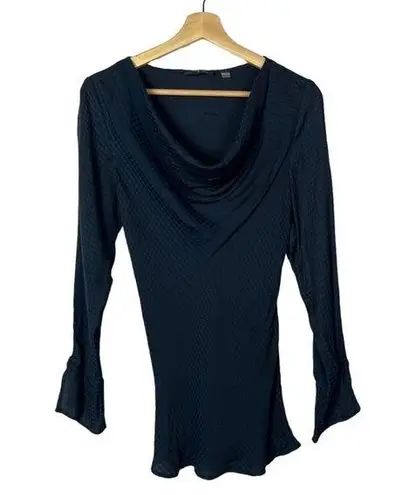 T Tahari Tahari Navy Blue Houndstooth Fitted Cowl Neck Long Sleeve Blouse S