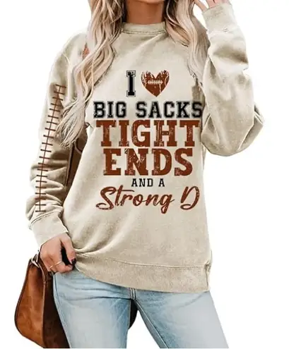 Funny Tan Graphic Sweatshirt with Red and Black Text Size L