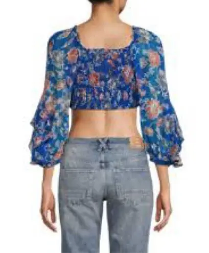 MISA Los Angeles NWOT $275 Blue Floral V-Neck Smocked Crop Blouse Top Size M