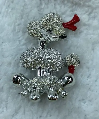 Bright Silver Color Poodle Dog Puppy Pin Brooch Sitting Up Red Bow MCM