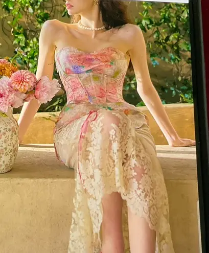 Lace Made Floral Corset Top w/Matching Lace Skirt. Fairytail Series. LARGE Pink