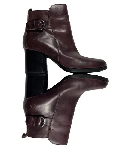 Born Gillian Moto Leather Ankle Boots Block Heel Zip Burgundy Aubergine Size 7M Red