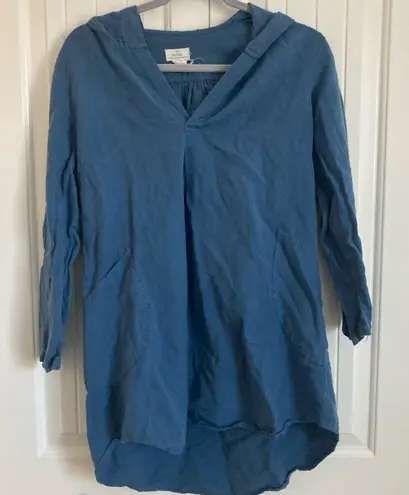 Dr. Flax Womens Blouse S/M Linen Blue Pockets Hooded Lagenlook Size M