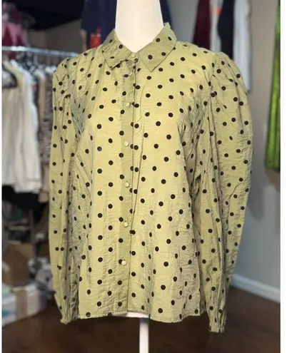 Stradivarius Womens L Green Black Polka Dot Long Puff Sleeve Blouse Button Down