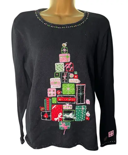 Tiara International Vintage Y2K Christmas Tree Sweater Black XL