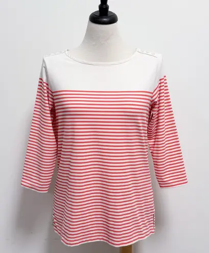 Spartina 449 Ivory Coral Red Stripe Ray Boatneck 3/4 Sleeve Button Accent Top