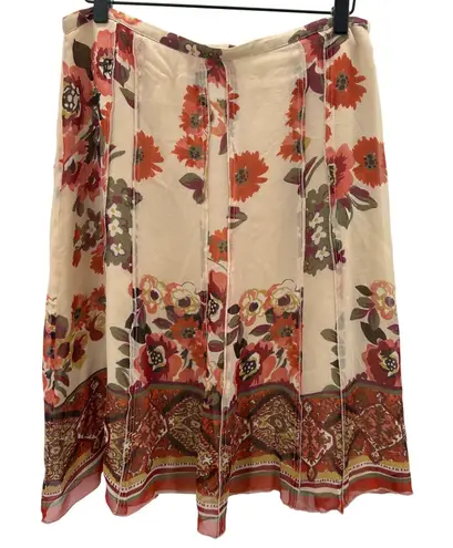 Sunny Leigh Silk Floral Midi Skirt Women Size 10 Beige Orange Red Pleated Lined