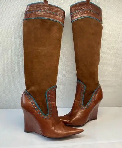 Charles David Vintage  Knee High Boho Brown Leather Wedge Boots Turquoise