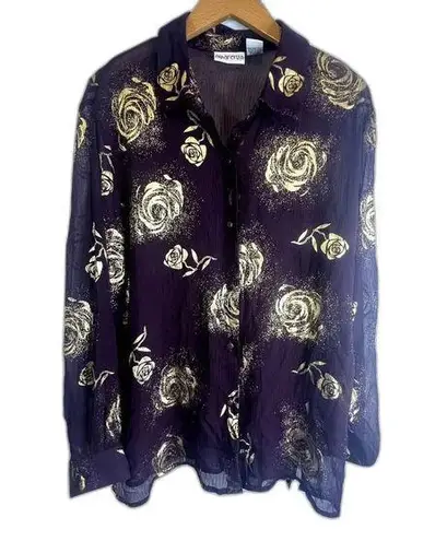 Apparenza Purple with Gold Metallic Roses Sheer Blouse Size XL