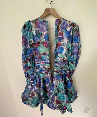 Patbo Blossom Plunge Mini Long Sleeve Dress Floral Violet Size 0 New Purple