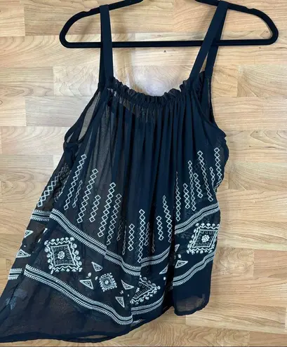 Cecico Sheer Tank Blouse w/Embroidery and a keyhole front tie Black